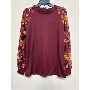 MIHOLL Burgundy Floral Lace Sleeve Knit Top Women's Large Long Sleeve Blouse Tee